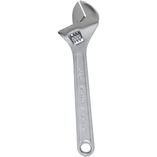 The STANLEY WRENCH ADJUSTABLE 10 is a silver hand tool made from durable alloy steel, featuring an adjustable jaw and a hole at the handles end, displayed against a white background.